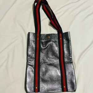 Silver Tote Bag with Striped Handles
